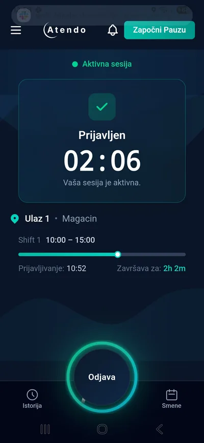 Atendo mobilna aplikacija — prijava i pregled aktivne sesije