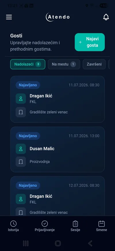 Atendo mobilna aplikacija — najava dolaska gostiju