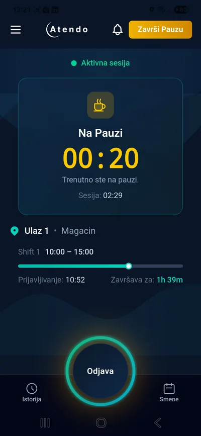 Atendo mobilna aplikacija — praćenje pauze