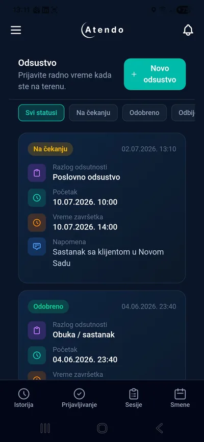 Atendo mobilna aplikacija — prijava odsustva zaposlenih