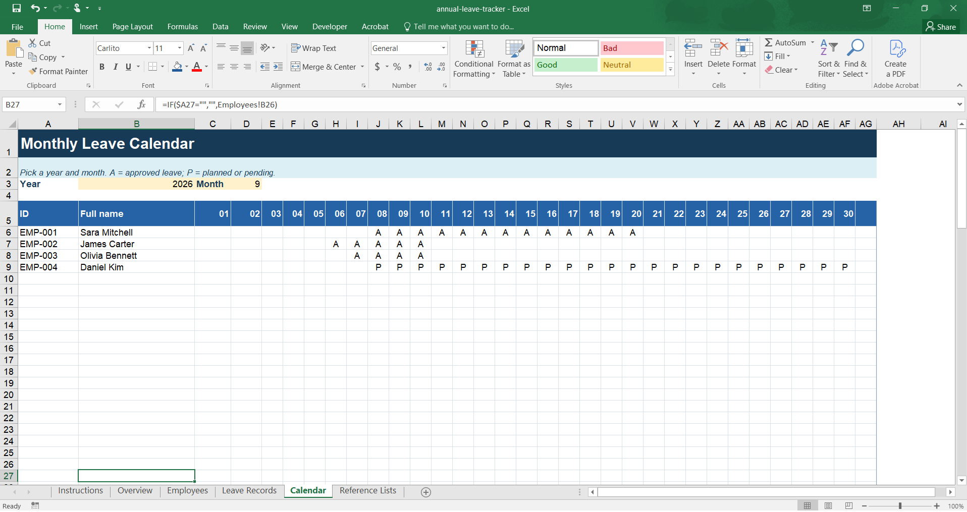 Annual leave tracker — the monthly Calendar sheet, showing approved and pending leave days per employee