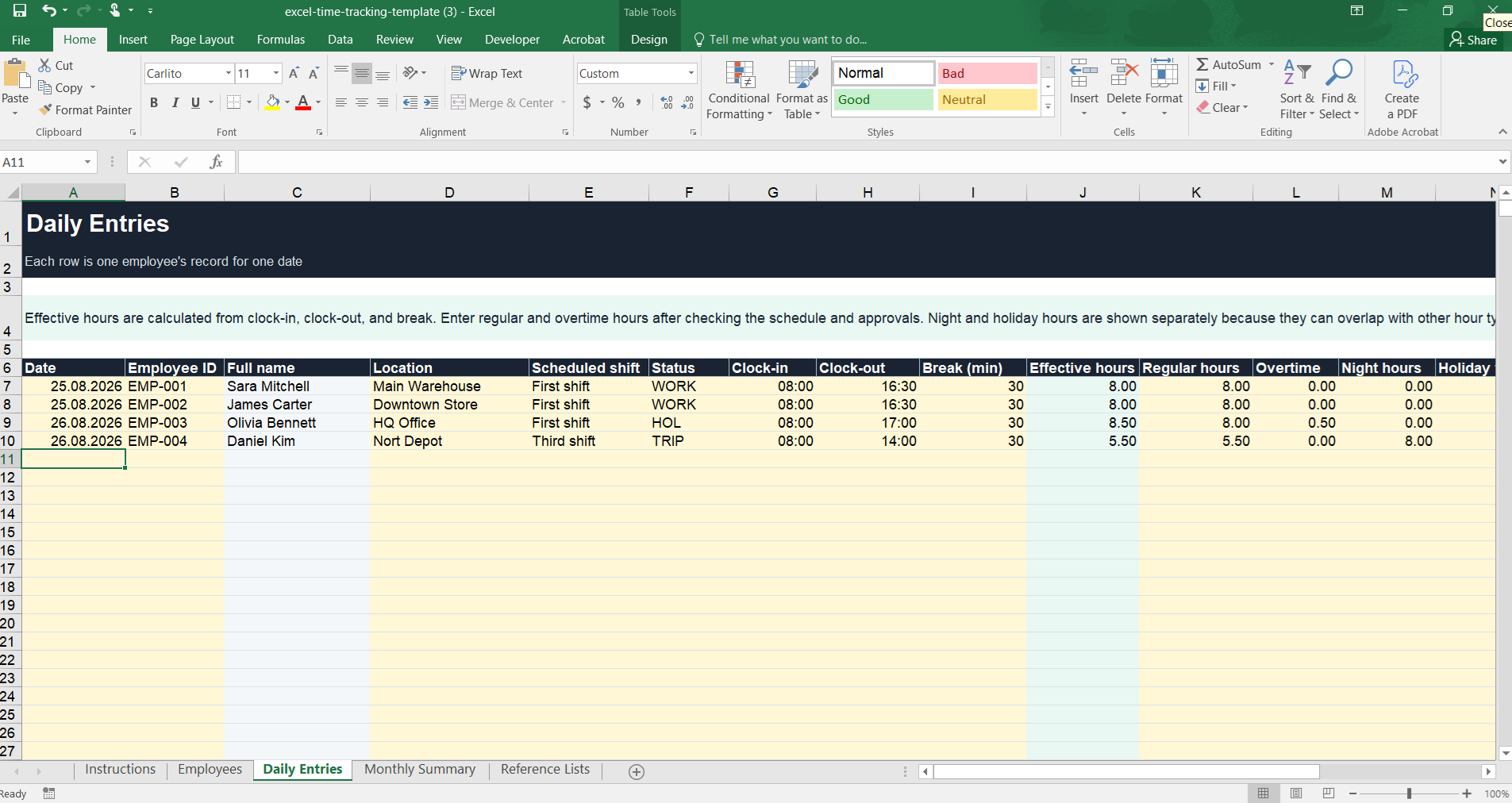 Excel time tracking template