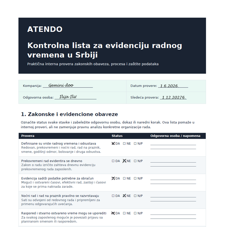 Atendo kontrolna lista za evidenciju radnog vremena u Srbiji — zakonske obaveze i kazne